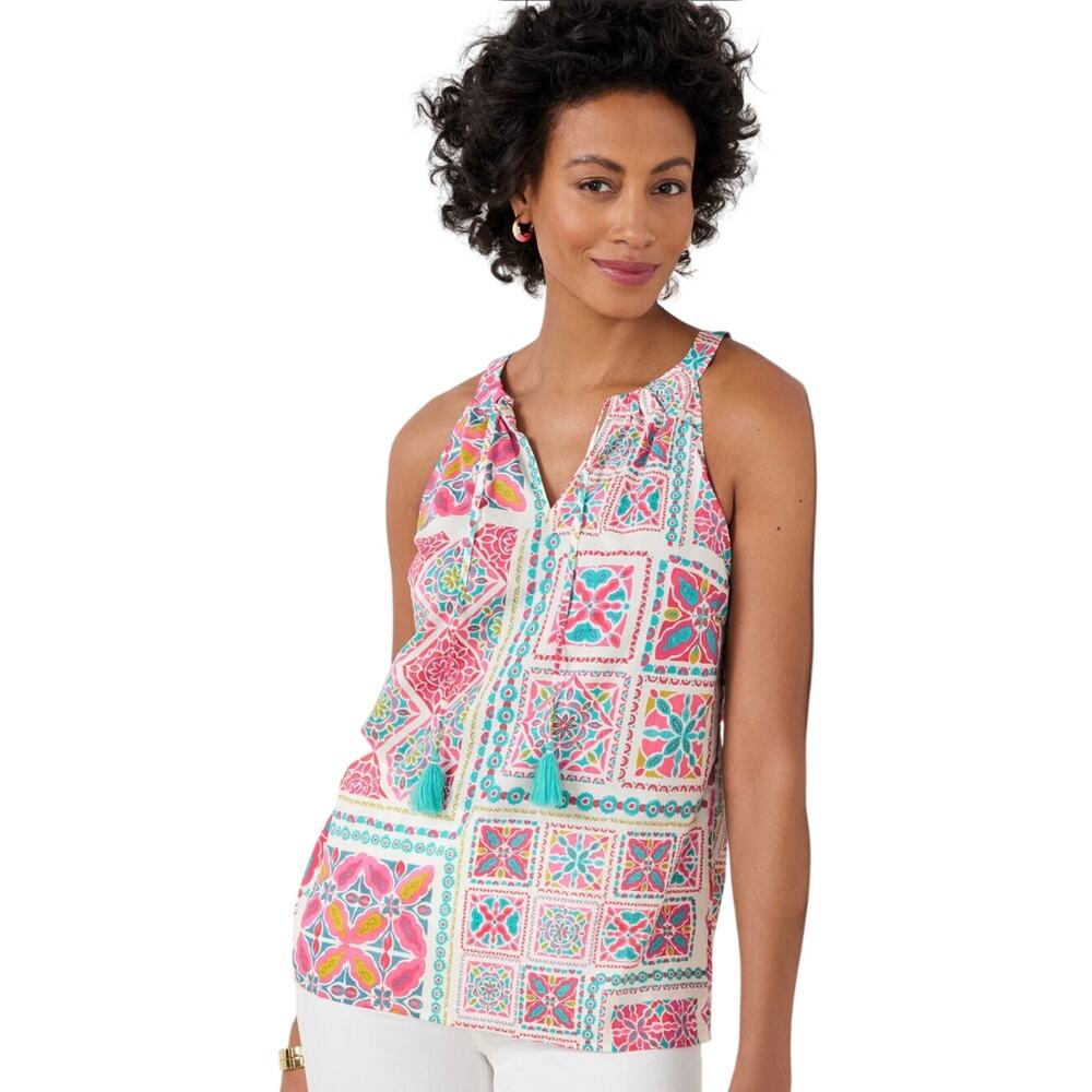 Talbots Women’s pink/teal medallion, tassels, tank, Size XL